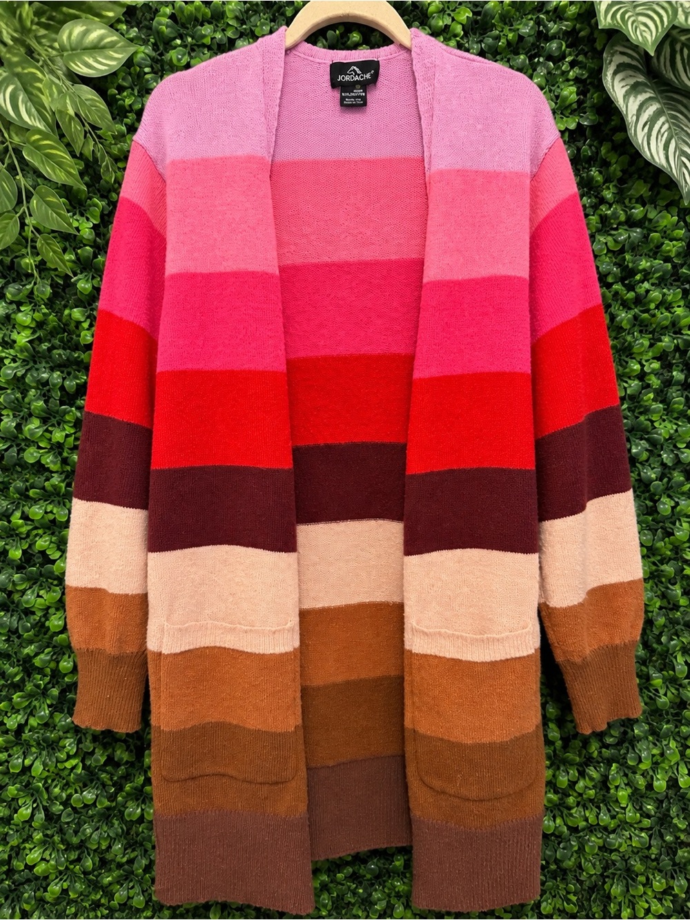Jordache XXL Colorblock Striped Long Cardigan Pink Red Brown Open Front